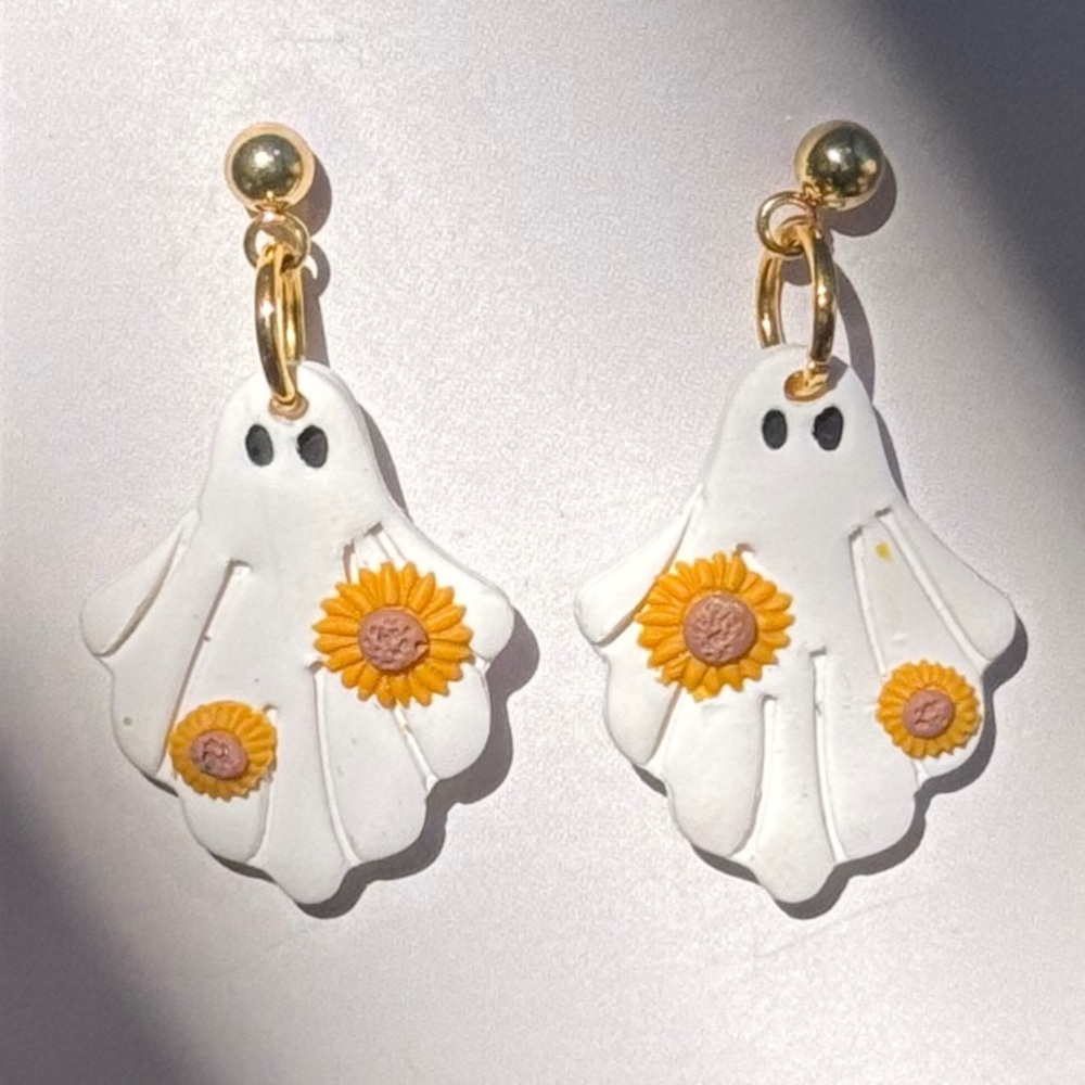 Ghost Earrings with Sunflower Design